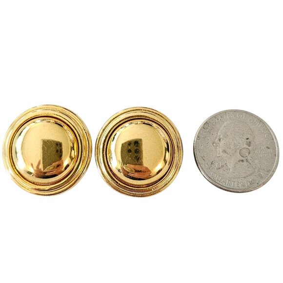 Liz Claiborne Gold Tone Round Button Clip On Earrings, Signed - Picture 7 of 9